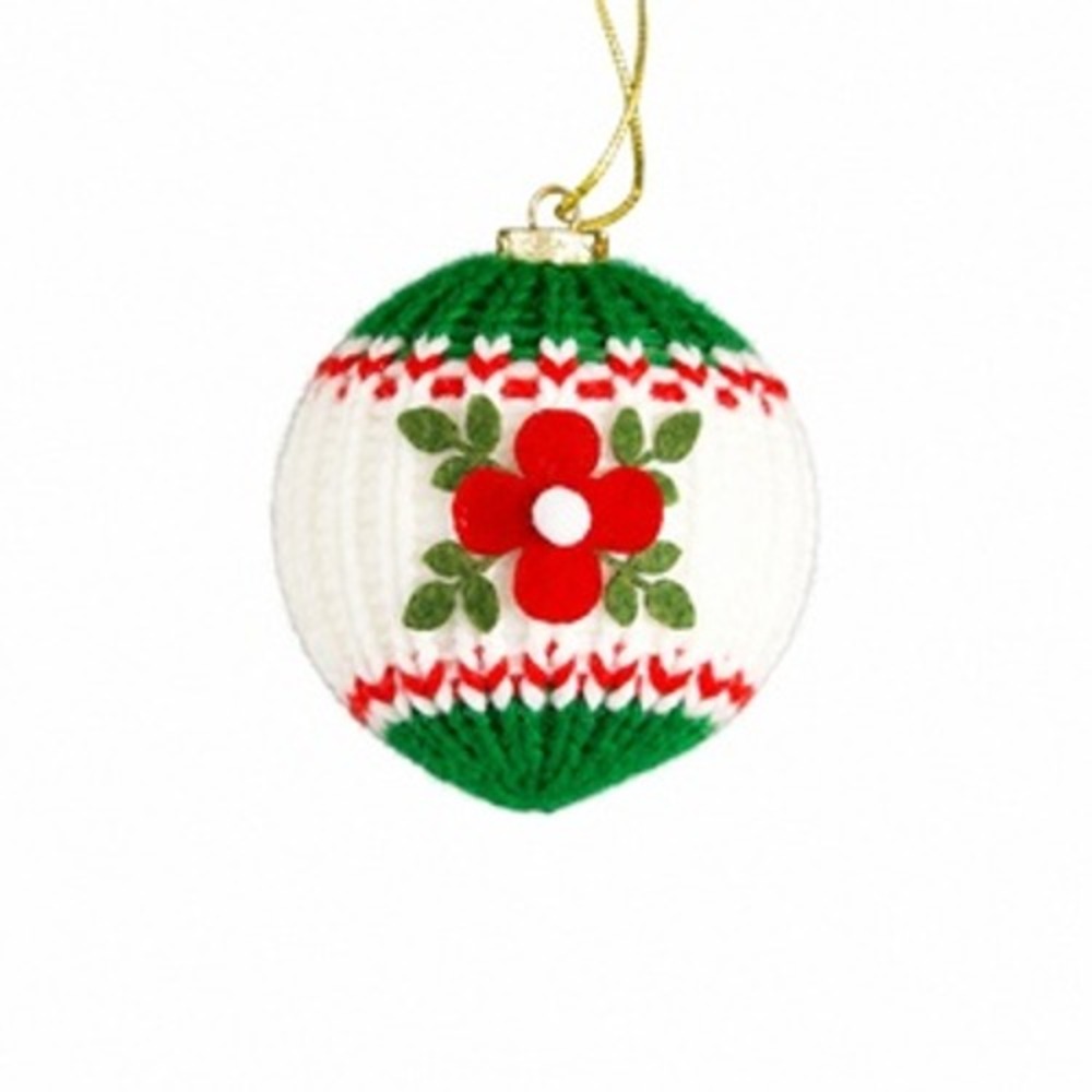 4 Count of Knitted Flower Ball Christmas Ornament Red Green White 3.94 Inch